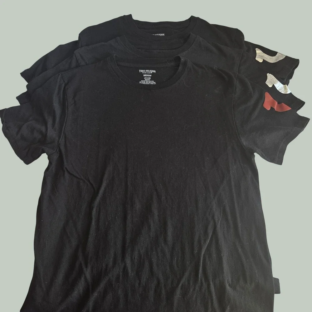 True Religion Mens T-Shirt Bundle 3 Pack Black Cotton Horseshoe Logo Y2K Medium